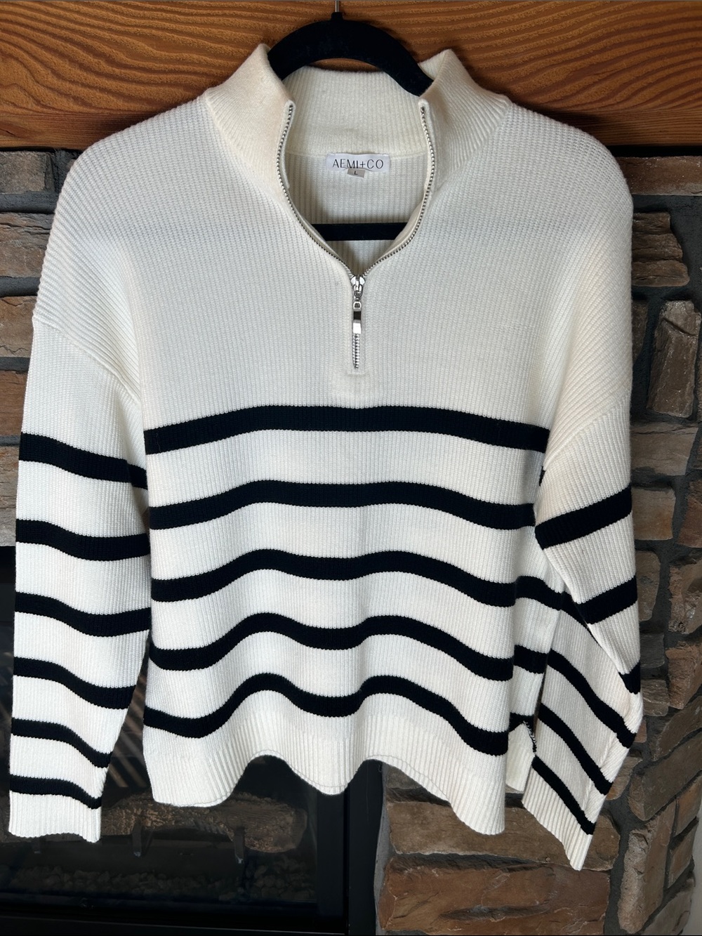 Womens Aemi +Co Cream and Black Striped Half-Zip Sweater